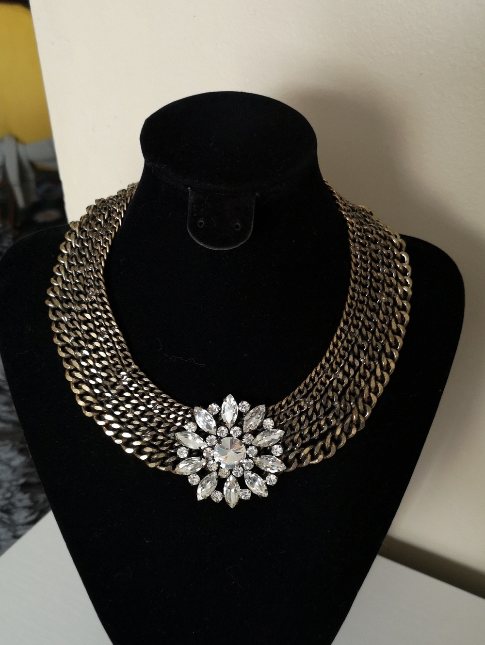 Unique Estate Jewelry Necklace Brutalist Style Brass w Rhinestone Pendant 7"
